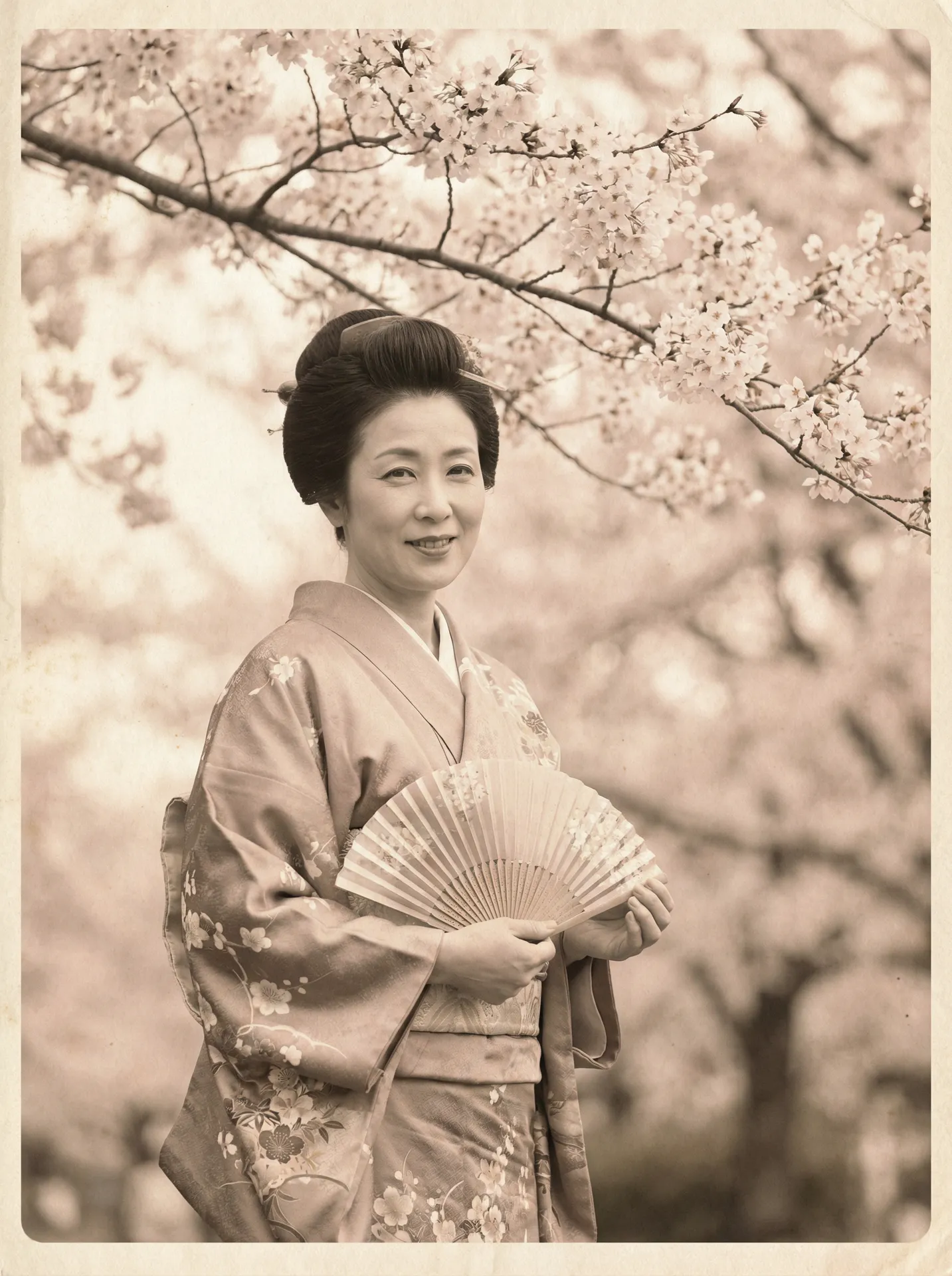 一位持扇的优雅 御梦子 在樱花树下的复古写真
